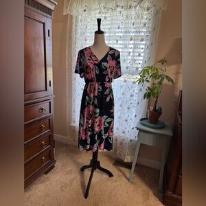 Sew In Love Navy and Pink Floral Faux Wrap Midi Dress Size XL